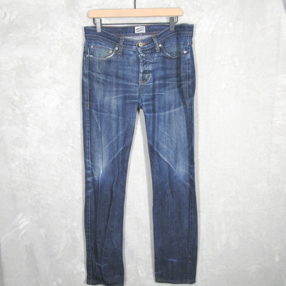 Naked Famous Denim Jeans Mens 33 x 32 Slim Fit Blue Wash Button Fly Stretch